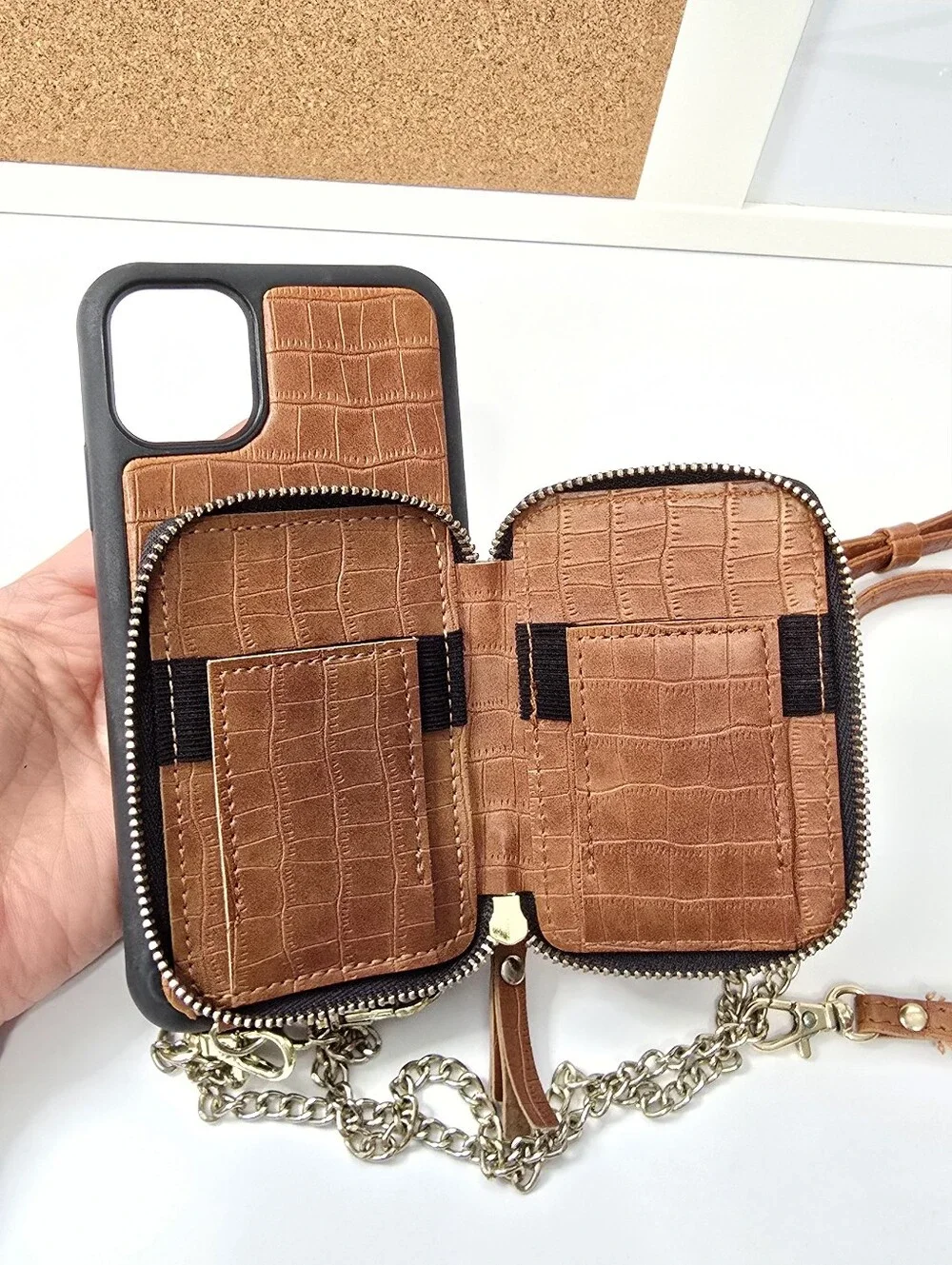 Brown Croc-Embossed Crossbody Phone Cover Wallet